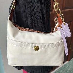Coach Y2K mini bag  shoulder bag  nylon canvas white/ saddle brown leather trim